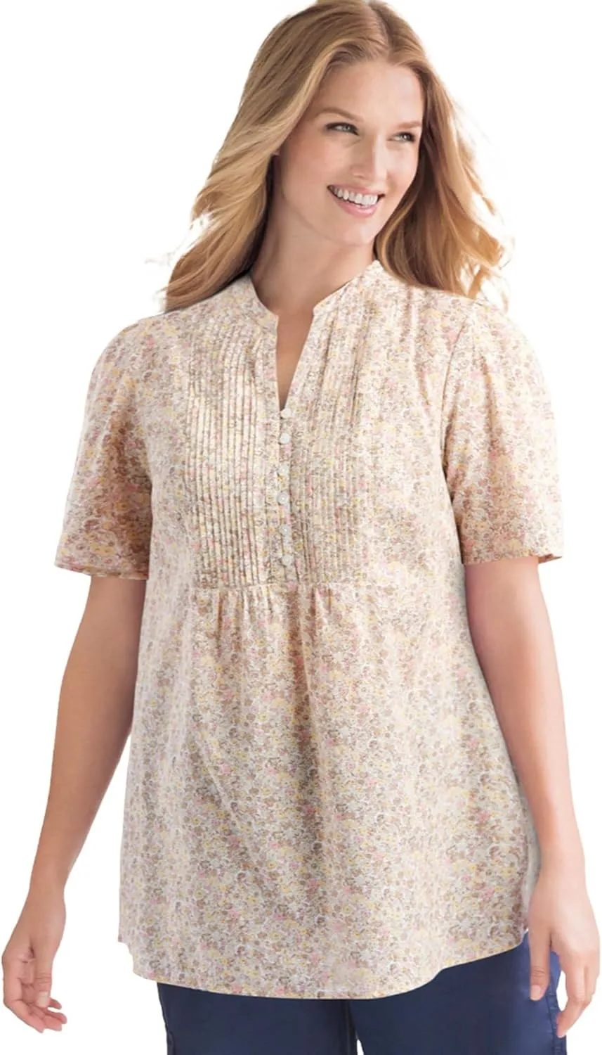 Woman Within Women's Plus Size Pintucked Half-Button Tunic