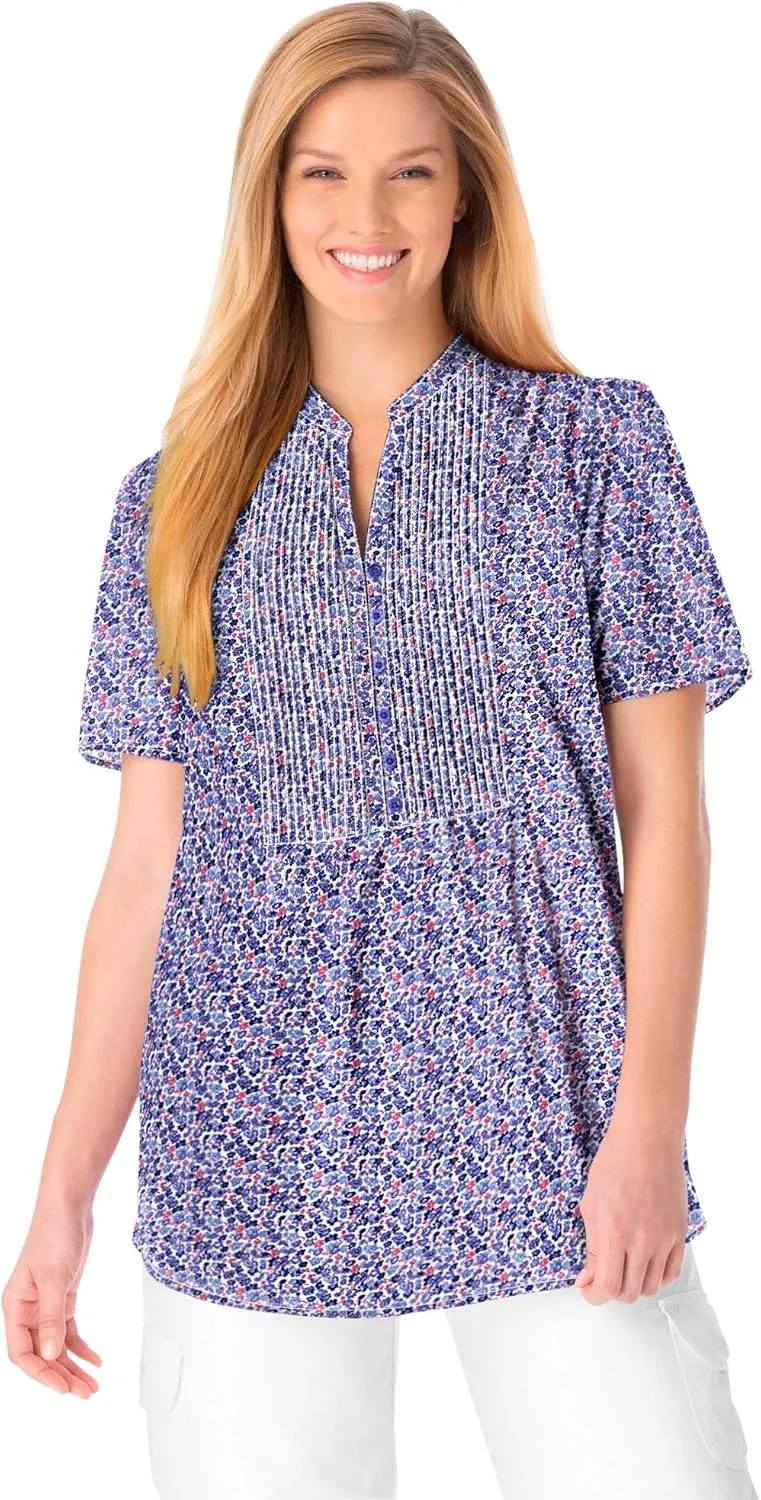 Woman Within Women's Plus Size Pintucked Half-Button Tunic