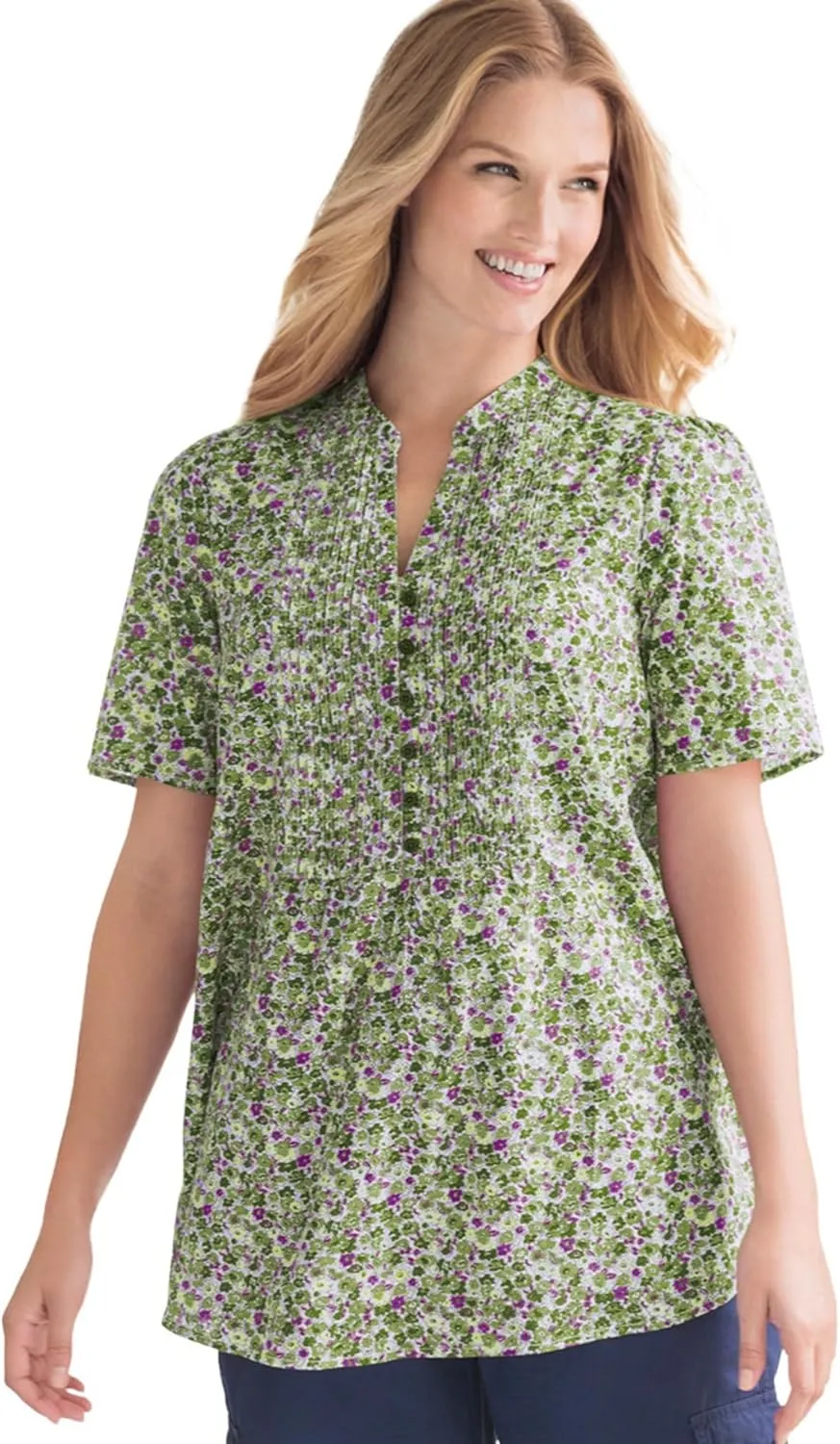 Woman Within Women's Plus Size Pintucked Half-Button Tunic