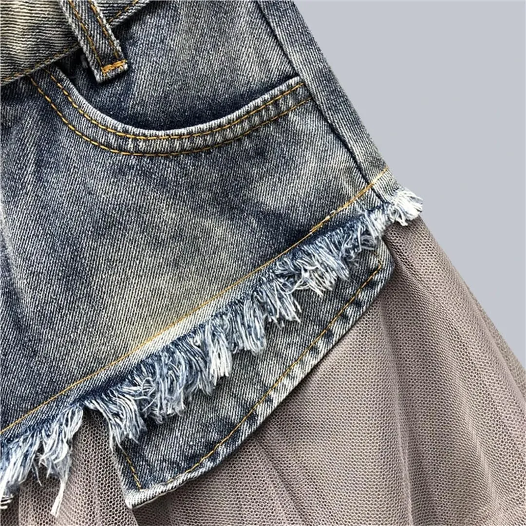 Women Denim Skirt High Waist A Line Asymmetric Frill Tulle Gothic Chic Patchwork Lace Mesh Mini Slim Fit Zipper Skirt