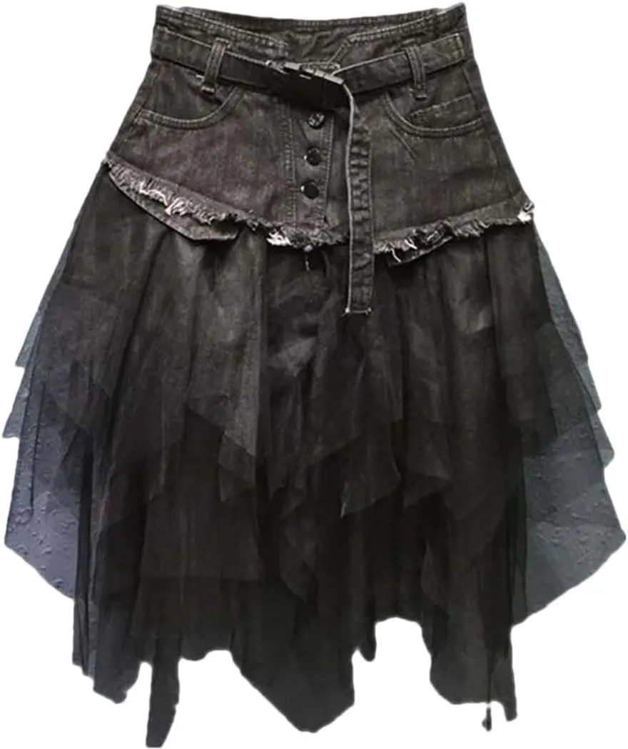 Women Denim Skirt High Waist A Line Asymmetric Frill Tulle Gothic Chic Patchwork Lace Mesh Mini Slim Fit Zipper Skirt