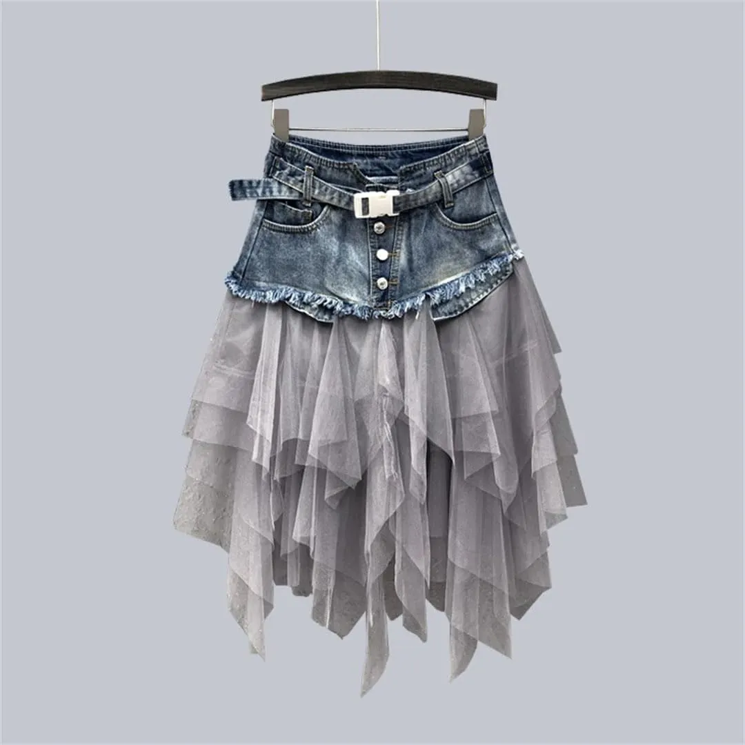 Women Denim Skirt High Waist A Line Asymmetric Frill Tulle Gothic Chic Patchwork Lace Mesh Mini Slim Fit Zipper Skirt