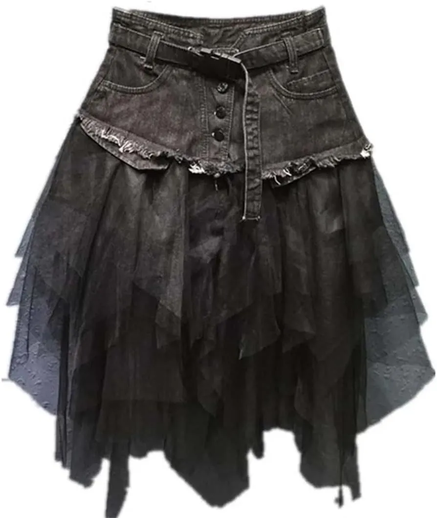 Women Denim Skirt High Waist A Line Asymmetric Frill Tulle Gothic Chic Patchwork Lace Mesh Mini Slim Fit Zipper Skirt