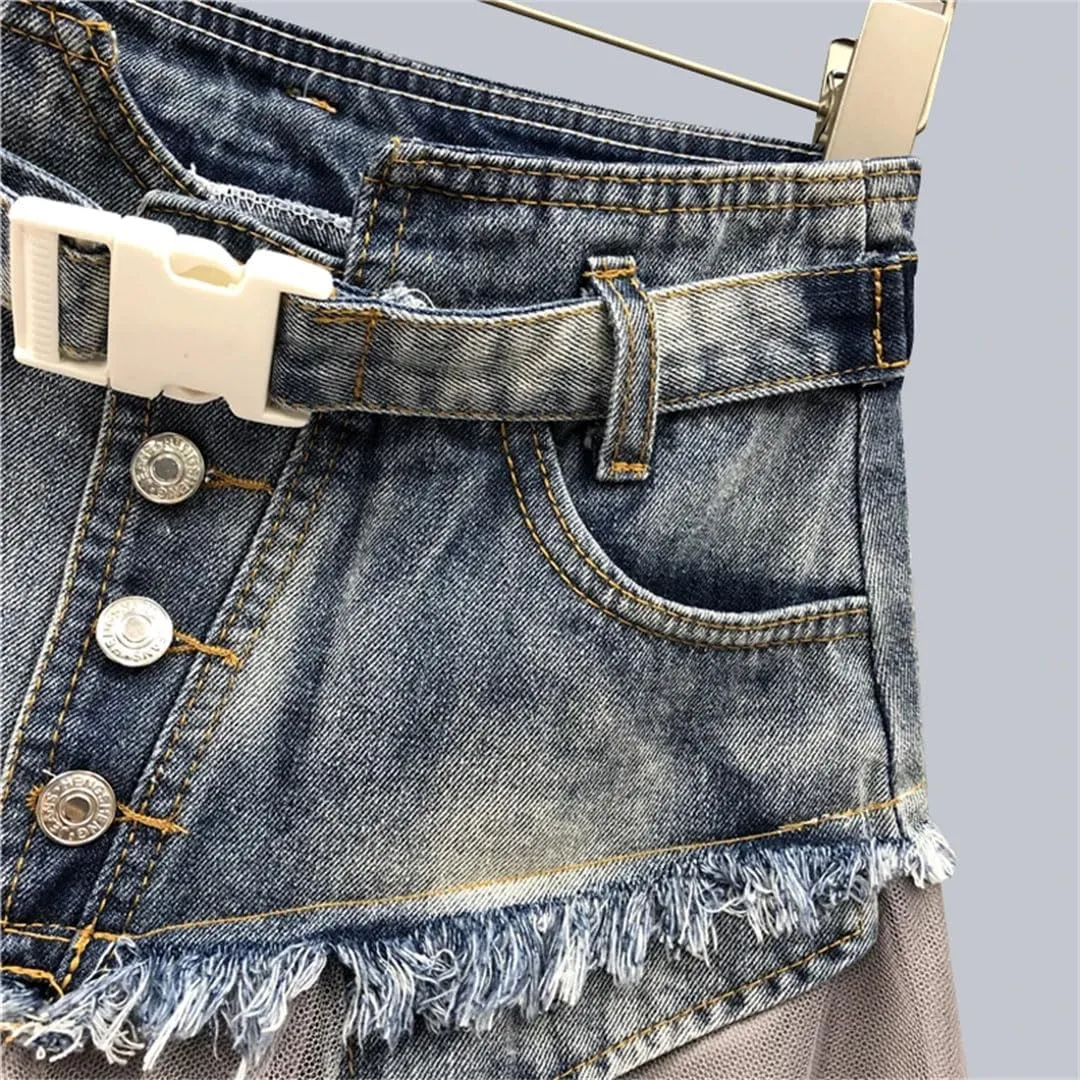 Women Denim Skirt High Waist A Line Asymmetric Frill Tulle Gothic Chic Patchwork Lace Mesh Mini Slim Fit Zipper Skirt