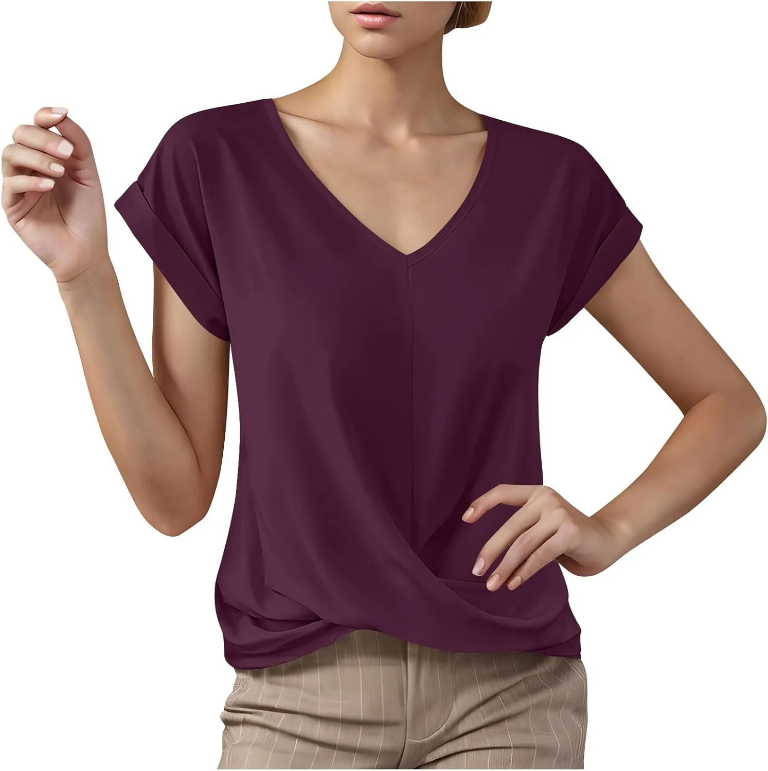 Women Fashion Cross Twist Hem Tee Tops Soft Comfy Short Sleeve V Neck T-Shirt Summer Casual Loose Solid Blouses