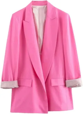 Women Faux Linen Colorful Chic Blazer Roll-Up Long Sleeve Office Business Party Host Suit Outwear