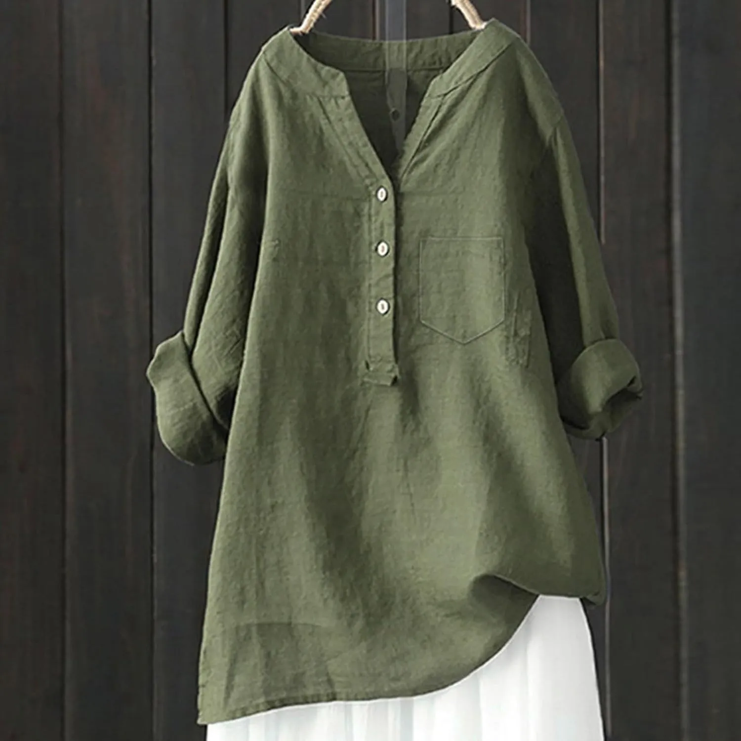 Women Linen Shirts V-Neck Button Down Blouse Collared Soft Tee Tops Short Sleeve Loose Shirts