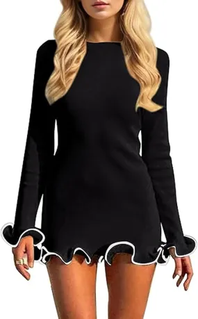Women Long Sleeve Knit Mini Dress Ruffle Hem Bodycon Sweater Dress Fall Casual Ribbed Tunic Dress