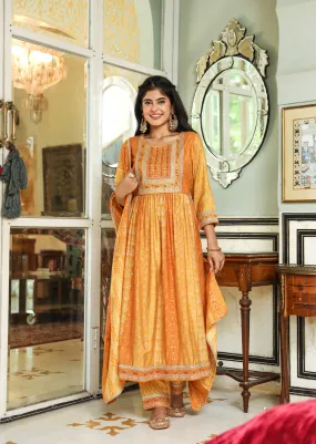 Women Mustard Muslin Nyara Cut A-Line Kurta Trouser Dupatta & Fancy Potli Set
