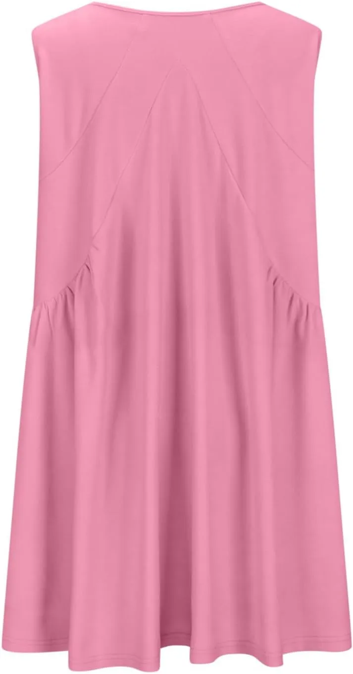 Women Sleeveless V Neck Dresses Sundress Simple Solid Color Loose Casual Trendy Vacation Short Dresses