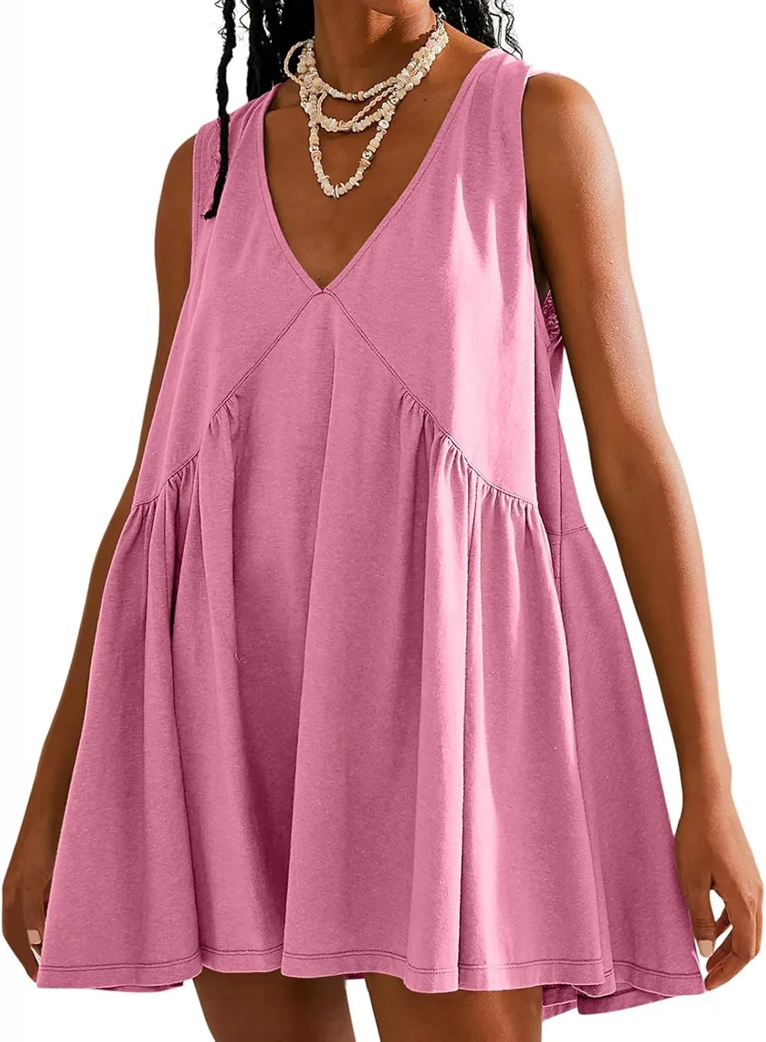 Women Sleeveless V Neck Dresses Sundress Simple Solid Color Loose Casual Trendy Vacation Short Dresses