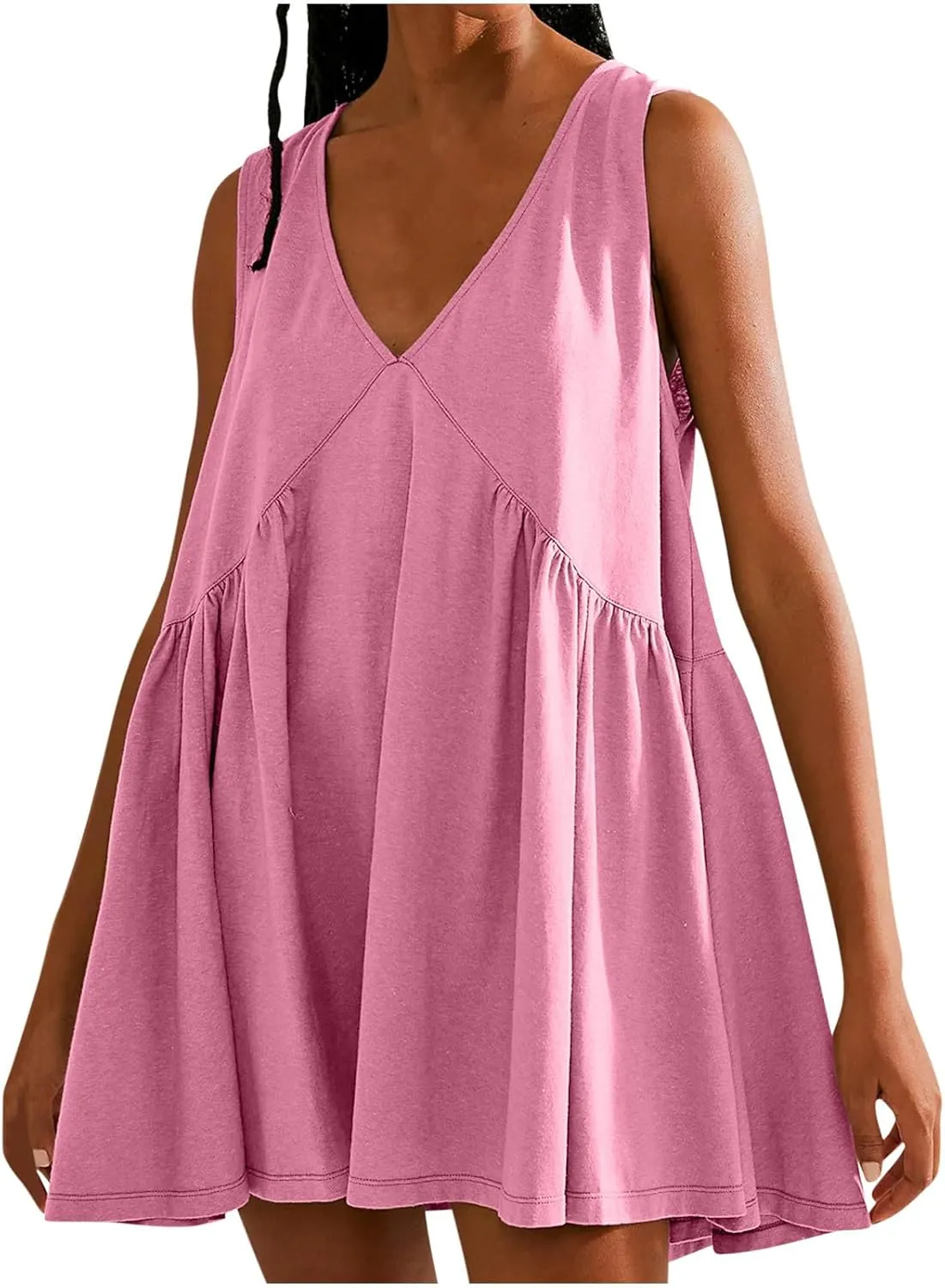 Women Sleeveless V Neck Dresses Sundress Simple Solid Color Loose Casual Trendy Vacation Short Dresses
