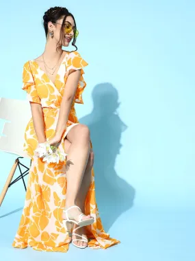Women Stylish Mustard Floral Ruffled Dress