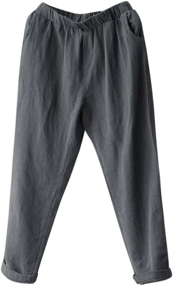 Women Summer Cotton Linen Pants Solid Color Wide Leg Straight Long Trousers High Waist Casual Loose Leg Pants