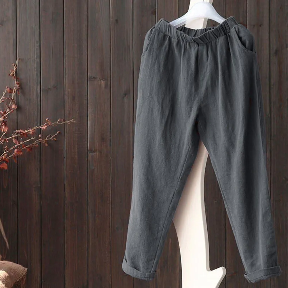 Women Summer Cotton Linen Pants Solid Color Wide Leg Straight Long Trousers High Waist Casual Loose Leg Pants