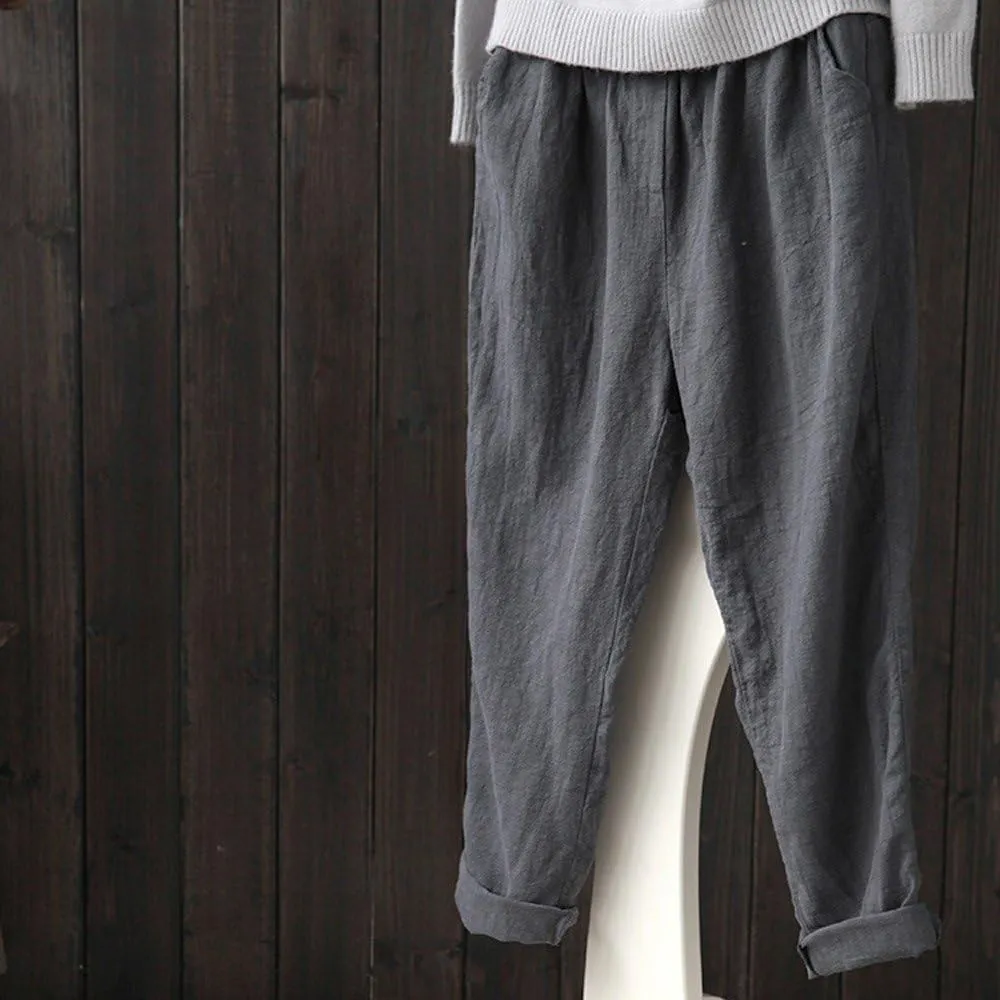 Women Summer Cotton Linen Pants Solid Color Wide Leg Straight Long Trousers High Waist Casual Loose Leg Pants