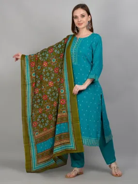 Women Turquoise Geometric Printed Kurta Trouser Dupatta