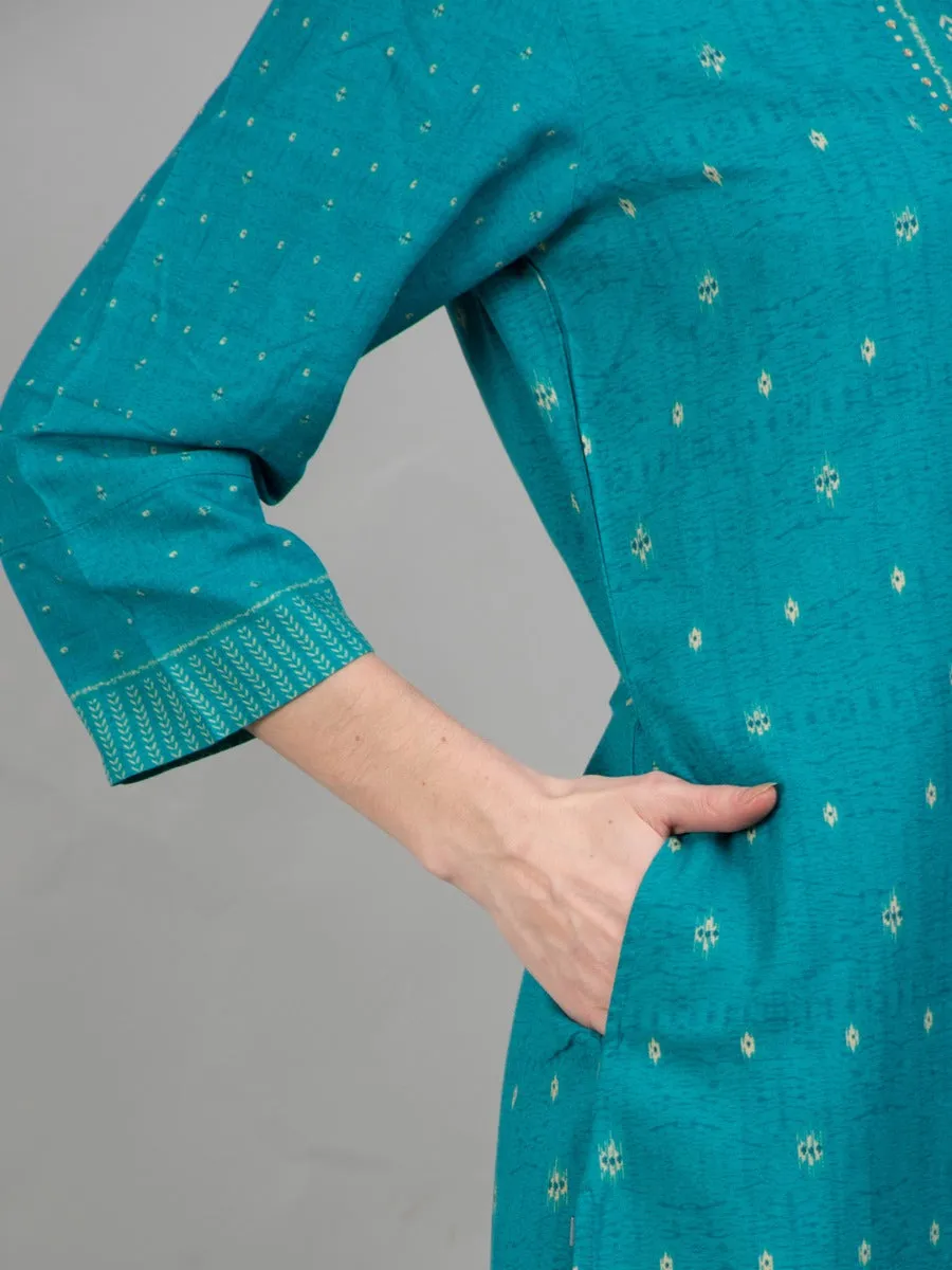 Women Turquoise Geometric Printed Kurta Trouser Dupatta