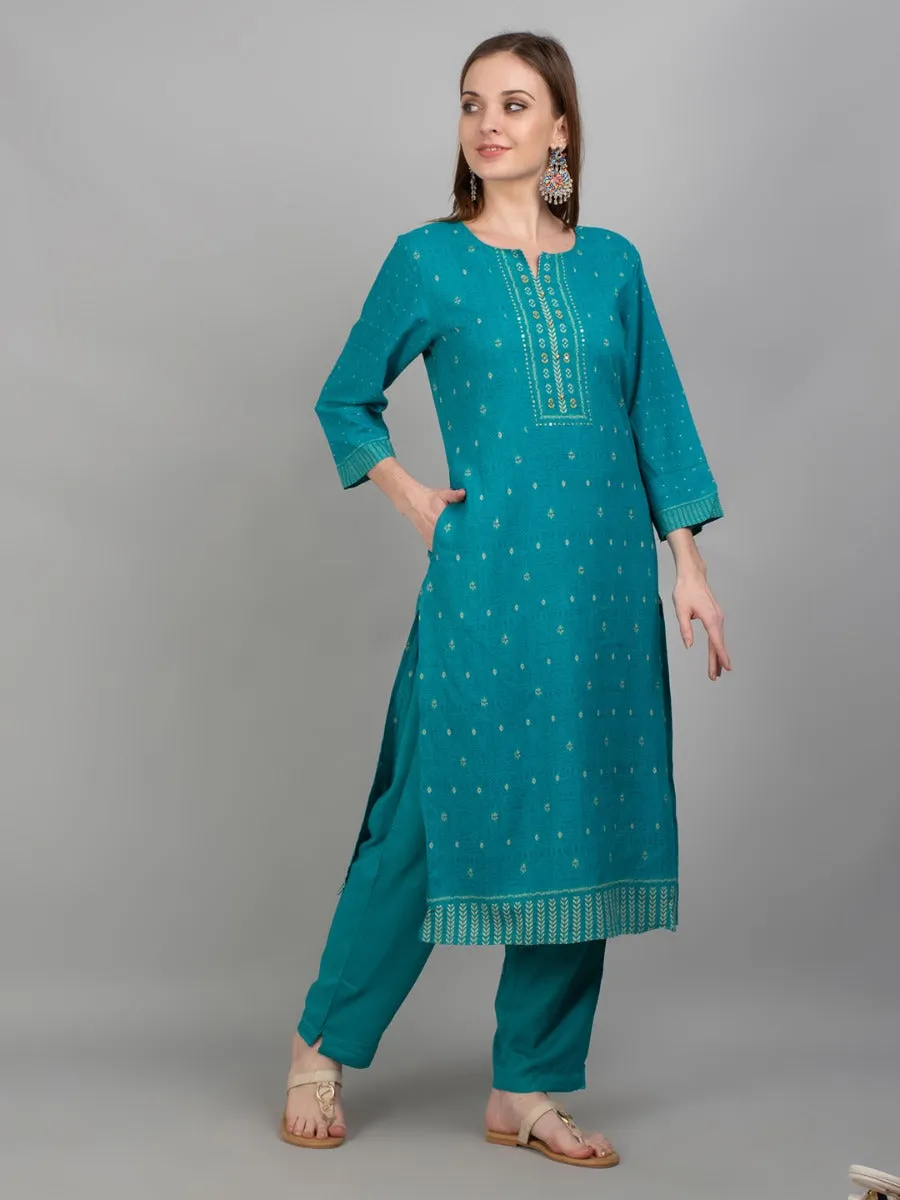 Women Turquoise Geometric Printed Kurta Trouser Dupatta