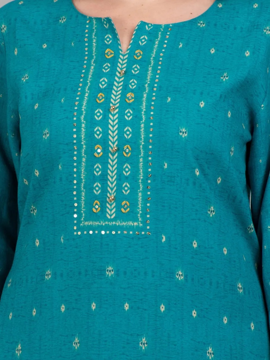 Women Turquoise Geometric Printed Kurta Trouser Dupatta