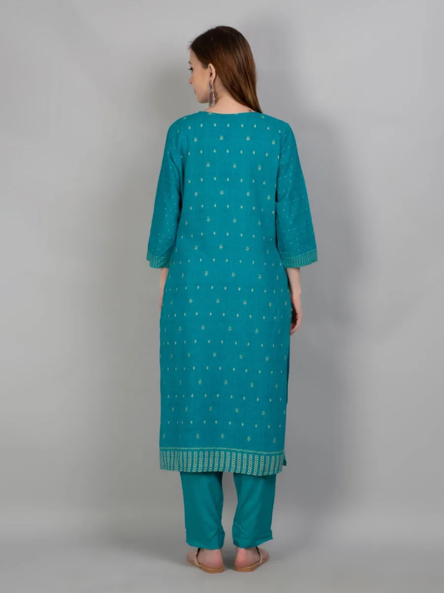 Women Turquoise Geometric Printed Kurta Trouser Dupatta