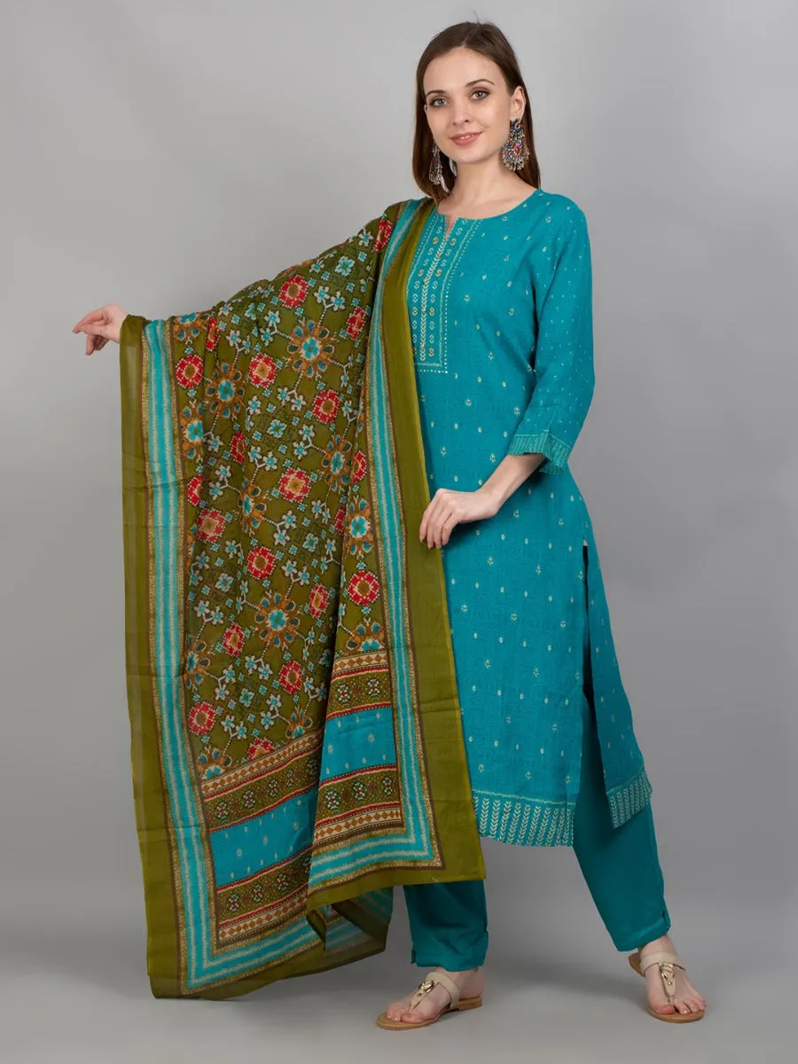 Women Turquoise Geometric Printed Kurta Trouser Dupatta