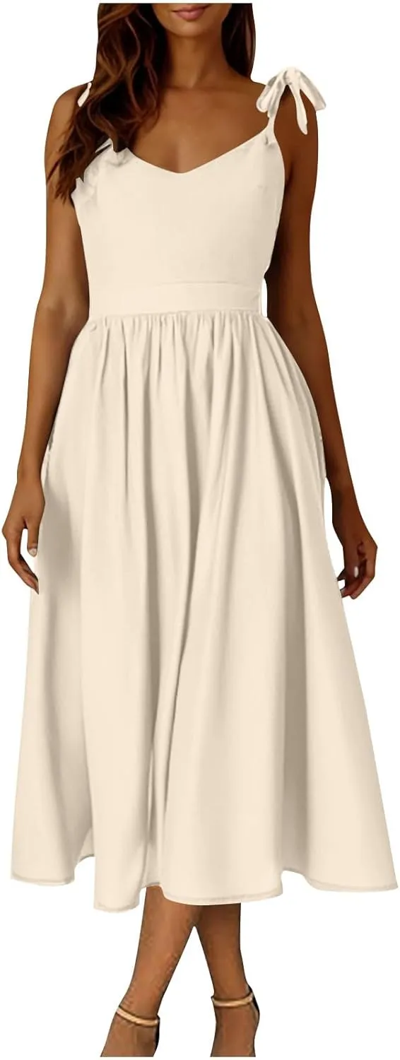 Women's 2025 Summer Casual Dress Spaghetti Strap Smocked Waist Elegant Sexy Dresses Backless Suspender Midi Sundress