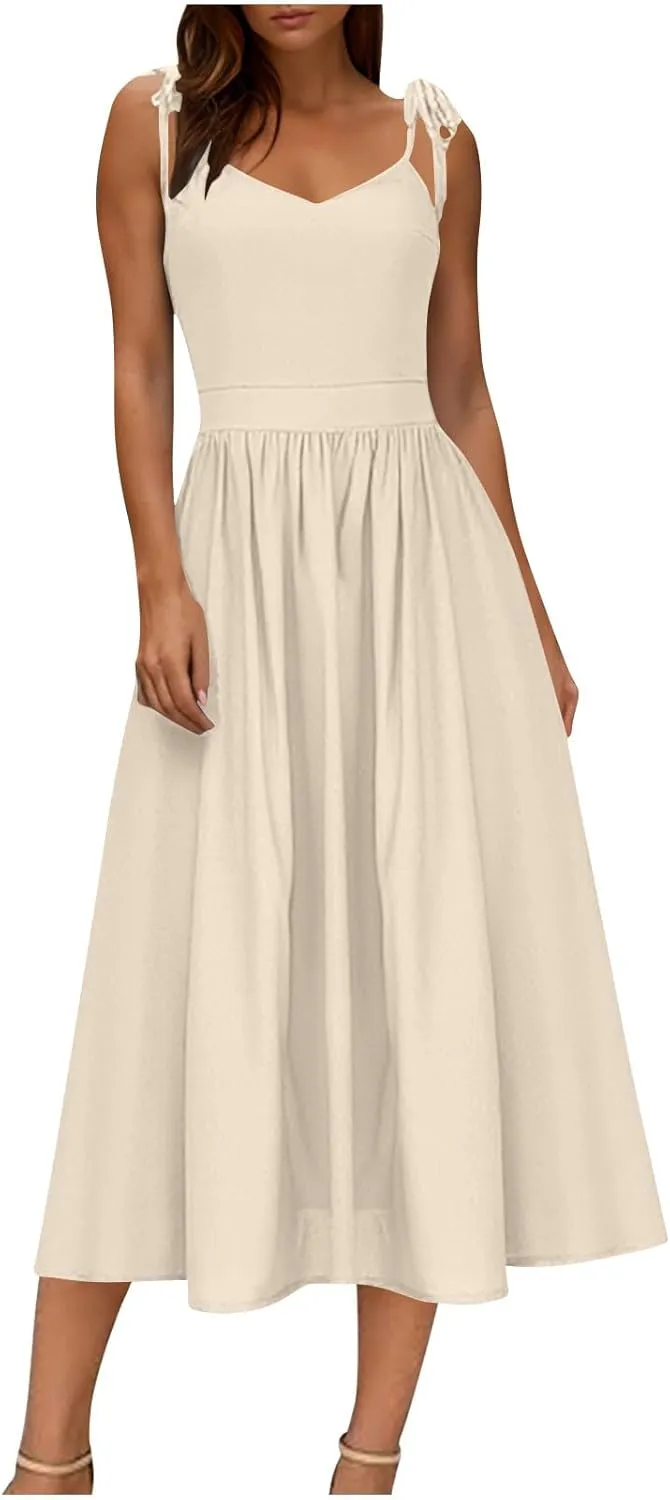 Women's 2025 Summer Casual Dress Spaghetti Strap Smocked Waist Elegant Sexy Dresses Backless Suspender Midi Sundress