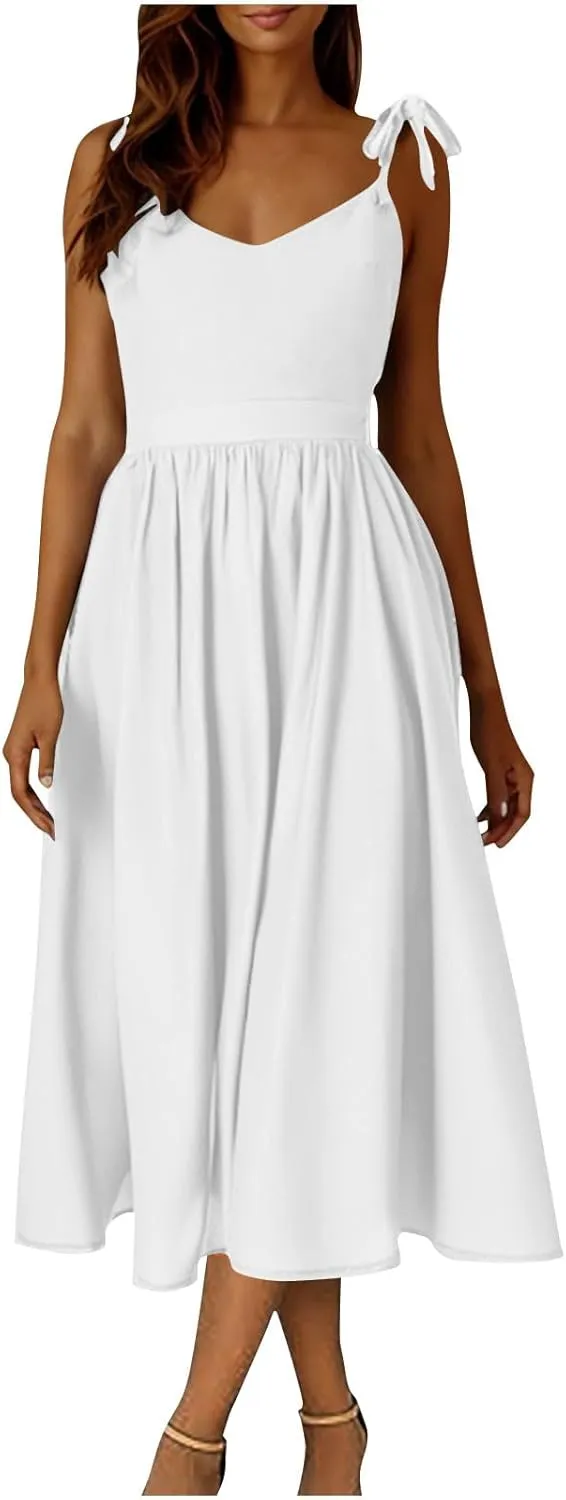 Women's 2025 Summer Casual Dress Spaghetti Strap Smocked Waist Elegant Sexy Dresses Backless Suspender Midi Sundress