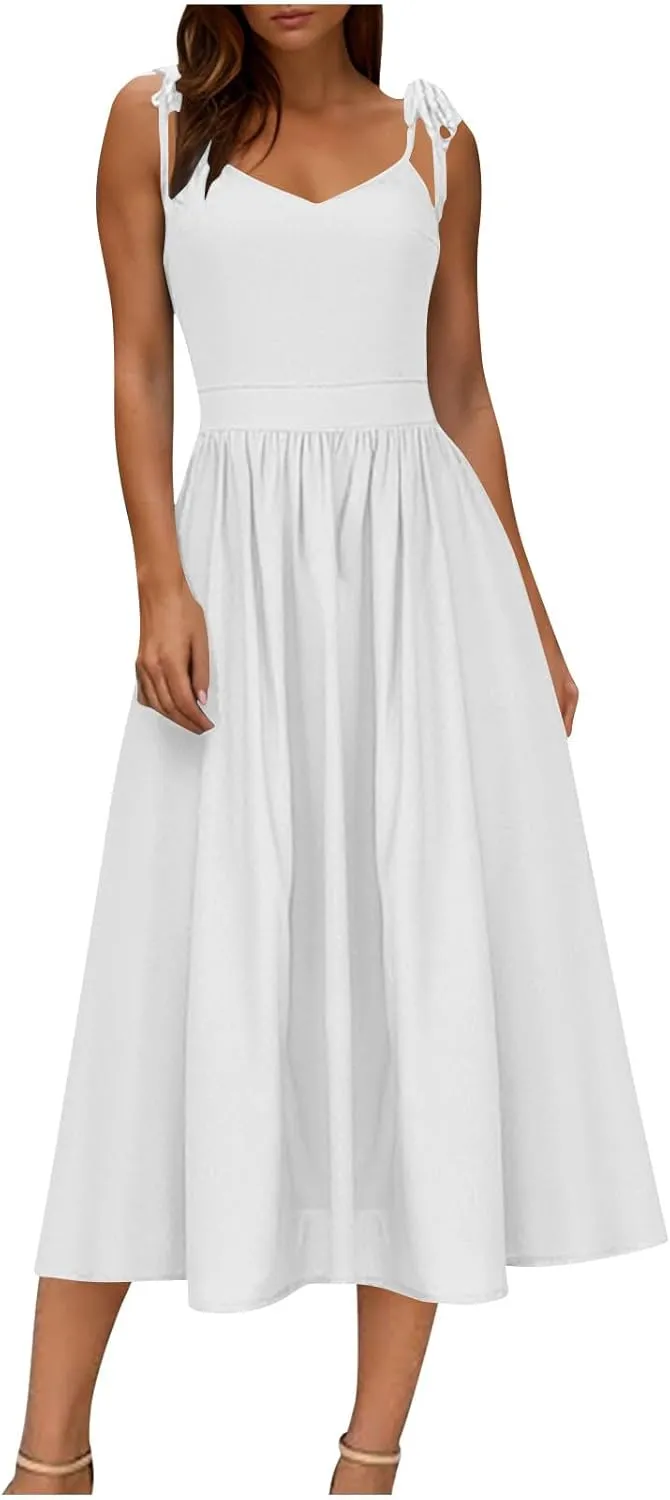 Women's 2025 Summer Casual Dress Spaghetti Strap Smocked Waist Elegant Sexy Dresses Backless Suspender Midi Sundress