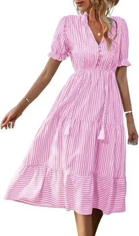 Womens 2025 Summer Sleeveless Shirt Dress Casual V Neck Stripe High Waist Puff Short Sleeve Beach Midi Dresses