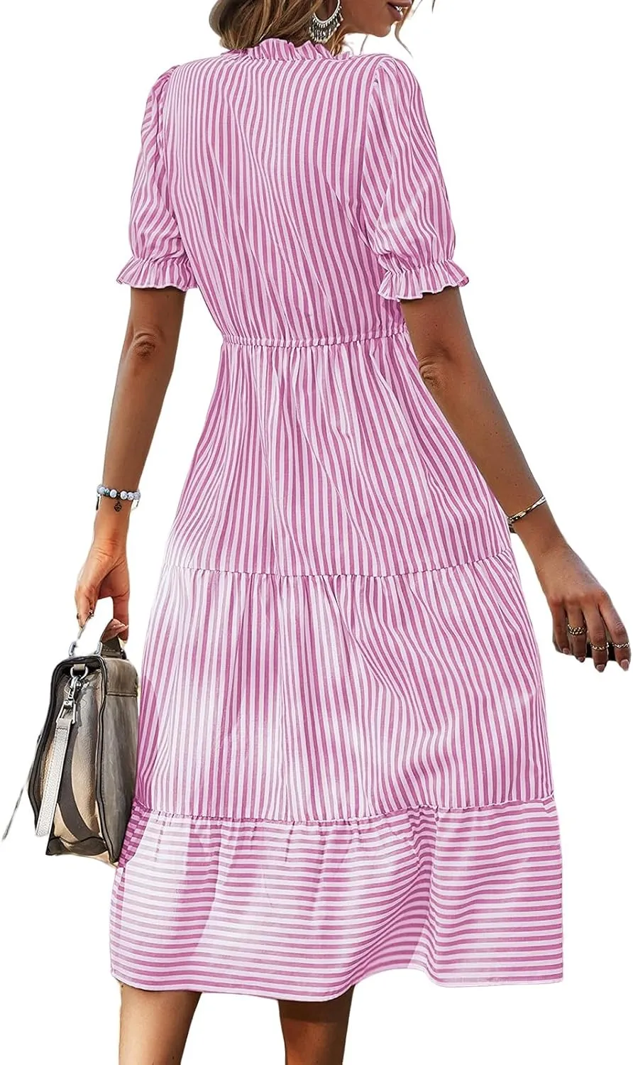 Womens 2025 Summer Sleeveless Shirt Dress Casual V Neck Stripe High Waist Puff Short Sleeve Beach Midi Dresses