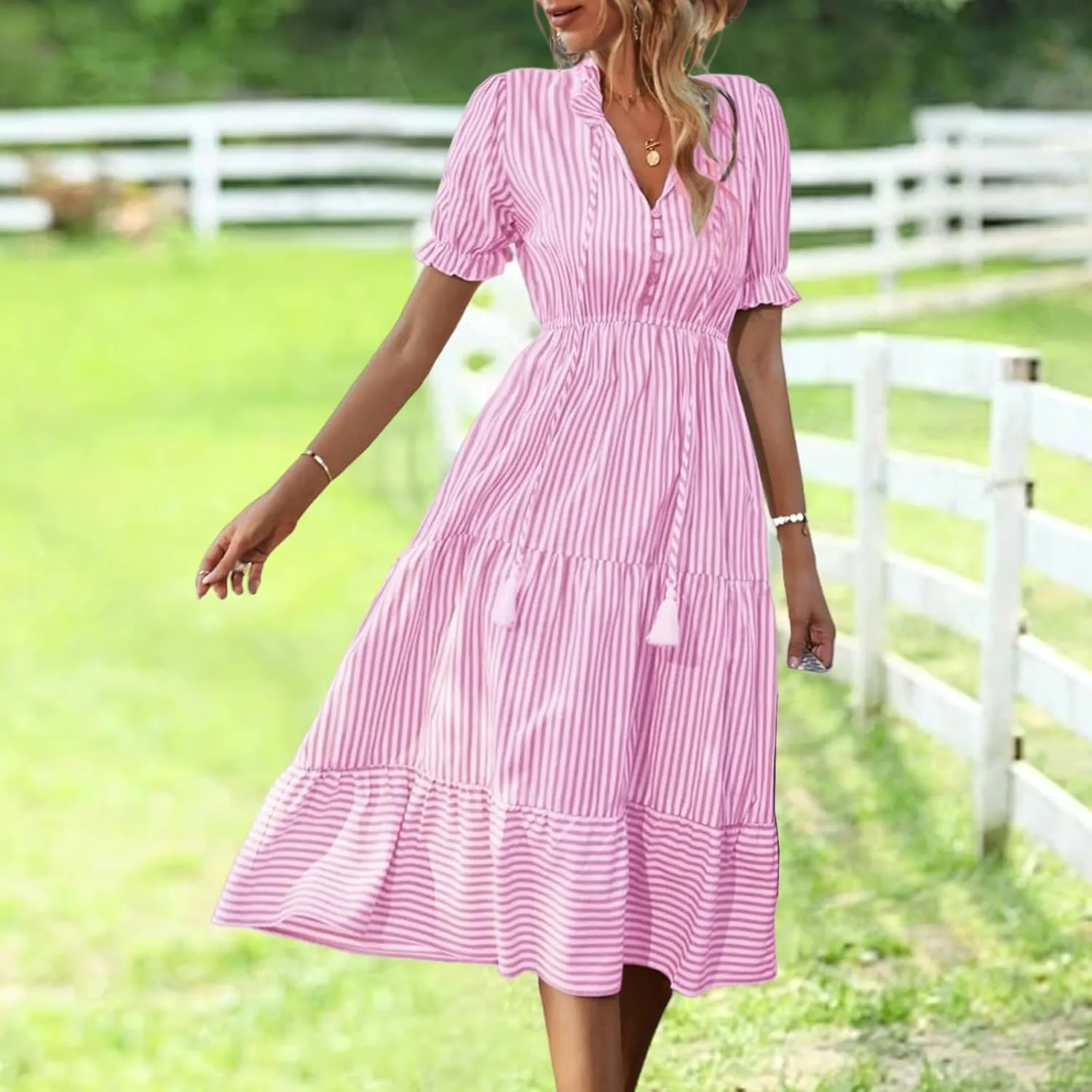 Womens 2025 Summer Sleeveless Shirt Dress Casual V Neck Stripe High Waist Puff Short Sleeve Beach Midi Dresses