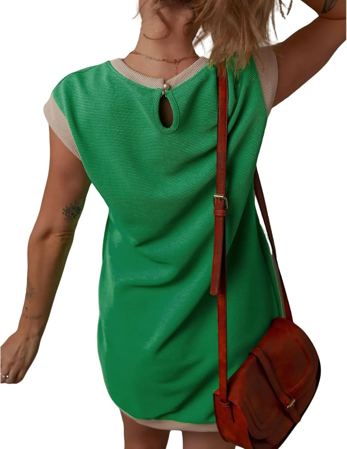 Women's Casual Summer Dress Contrast Color Elegant Short Sleeve Knit Crewneck Mini Dress with Pocket