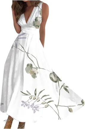 Womens Dresses Flowy Ruched Floral Print Boho Dress Wrap V Neck Sleeveless Sundress Elegant Beach Dresses