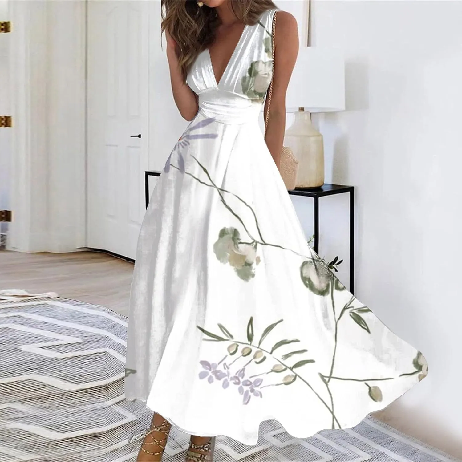Womens Dresses Flowy Ruched Floral Print Boho Dress Wrap V Neck Sleeveless Sundress Elegant Beach Dresses