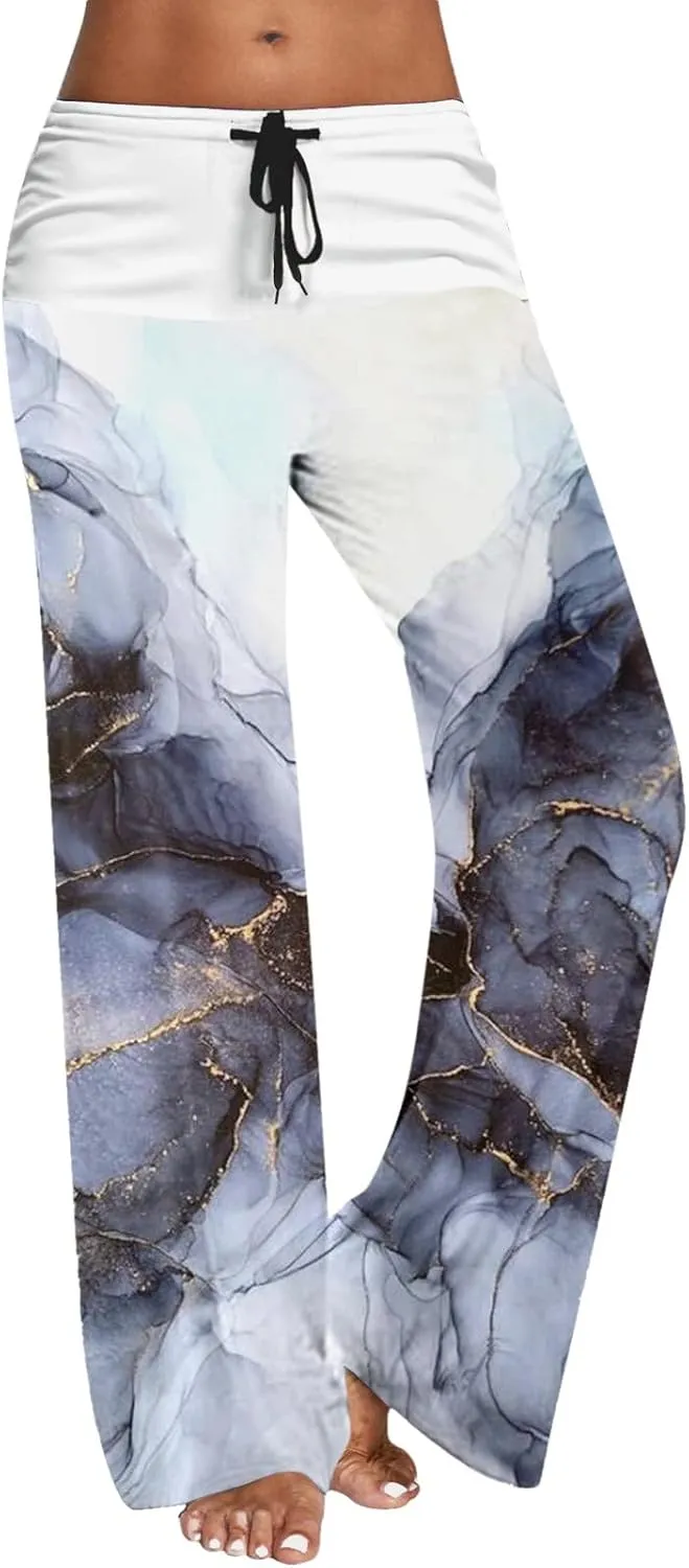 Womens High Elastic Waist Wide Leg Pants Printed Loose Yoga Pants Casual Long Trousers Straight Fashion Pajamas