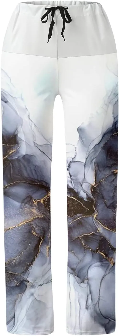 Womens High Elastic Waist Wide Leg Pants Printed Loose Yoga Pants Casual Long Trousers Straight Fashion Pajamas