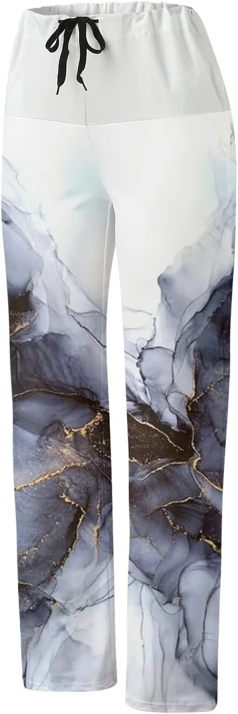 Womens High Elastic Waist Wide Leg Pants Printed Loose Yoga Pants Casual Long Trousers Straight Fashion Pajamas