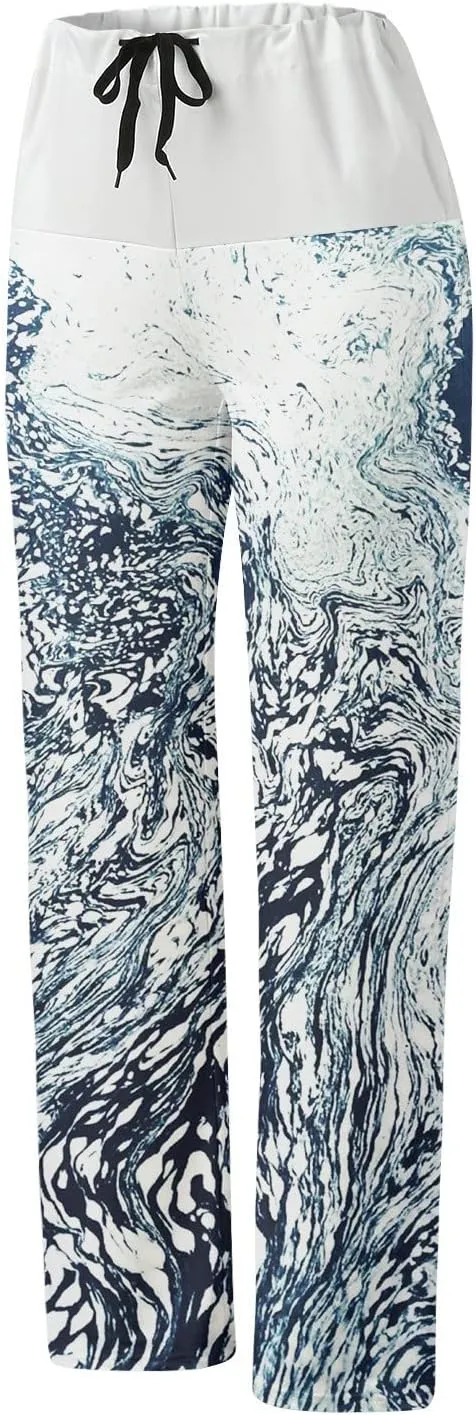 Womens High Elastic Waist Wide Leg Pants Printed Loose Yoga Pants Casual Long Trousers Straight Fashion Pajamas