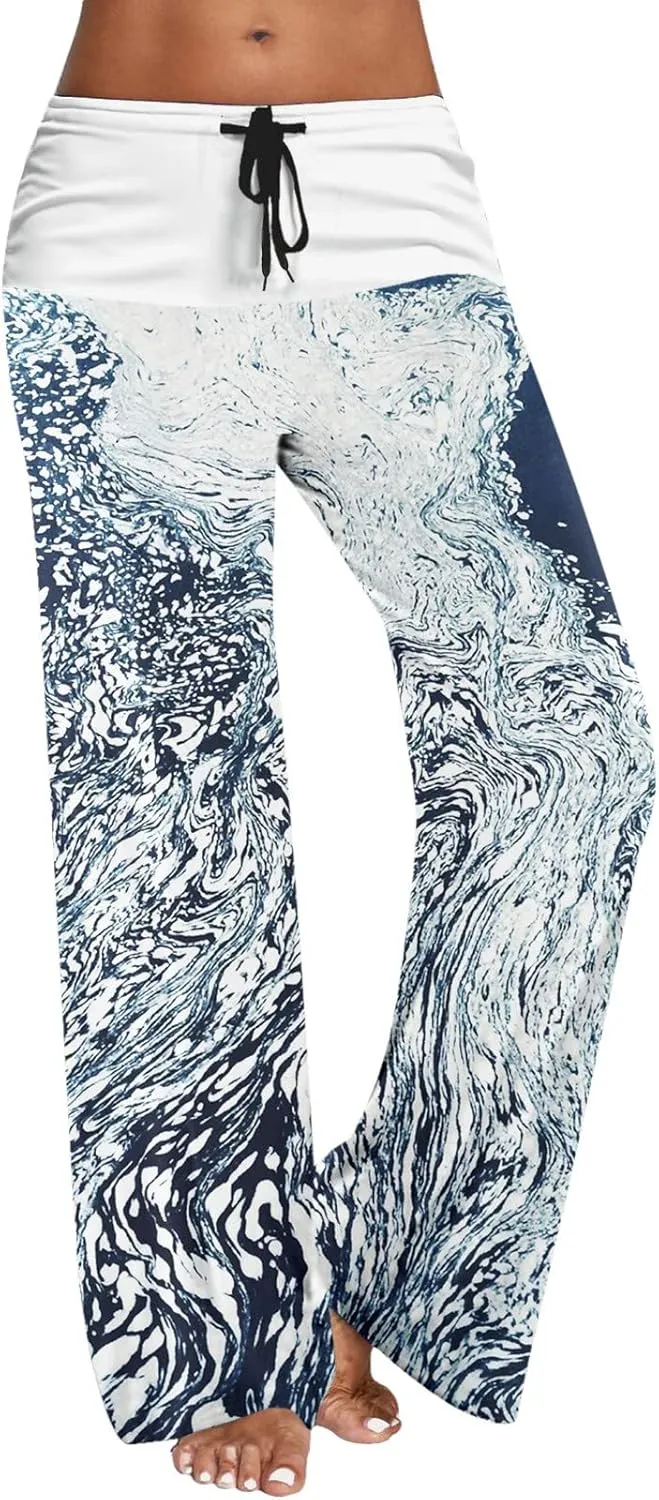 Womens High Elastic Waist Wide Leg Pants Printed Loose Yoga Pants Casual Long Trousers Straight Fashion Pajamas
