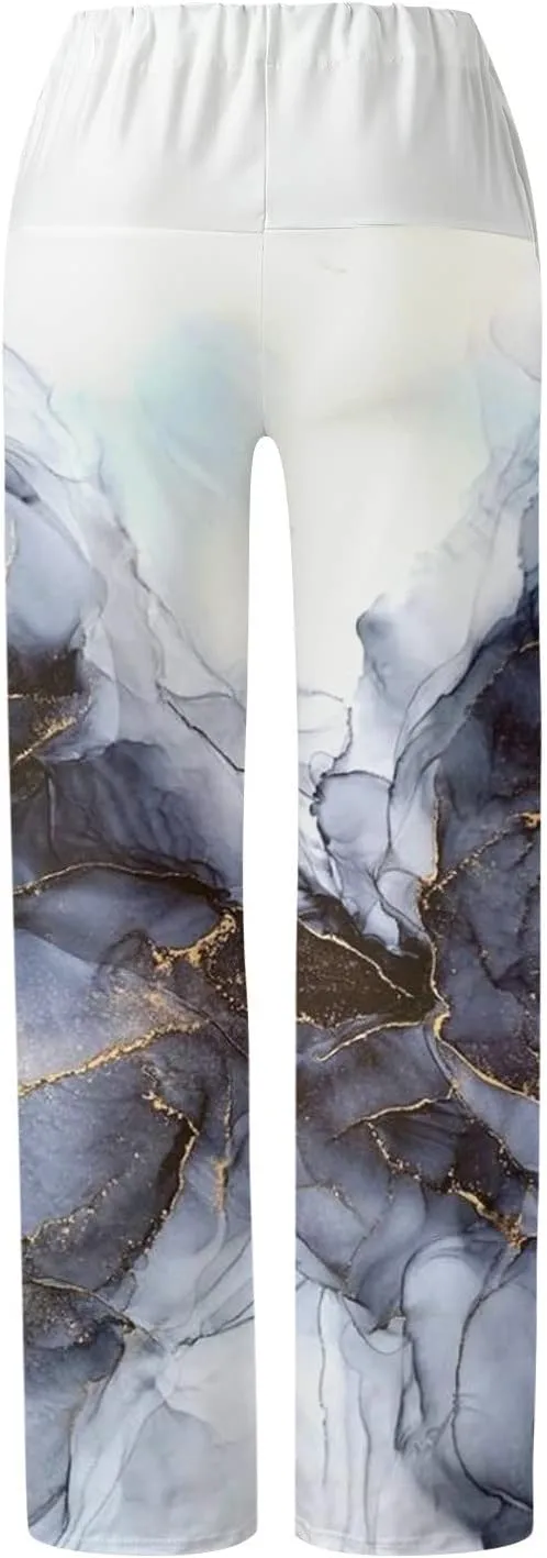 Womens High Elastic Waist Wide Leg Pants Printed Loose Yoga Pants Casual Long Trousers Straight Fashion Pajamas