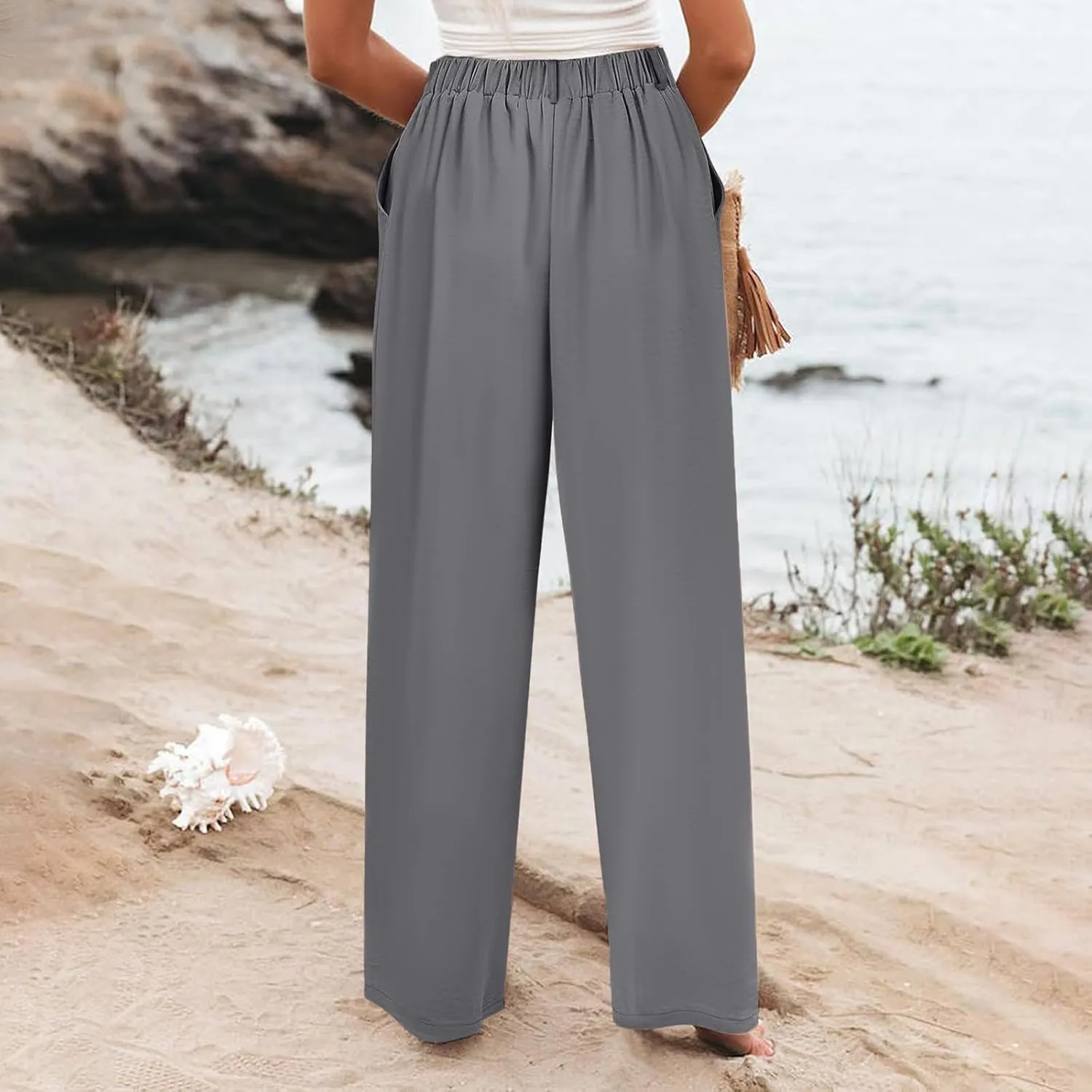 Women's High Waisted Wide Leg Pants Button Business Casual Trousers Straight Baggy Pants Linen Palazzo Pants