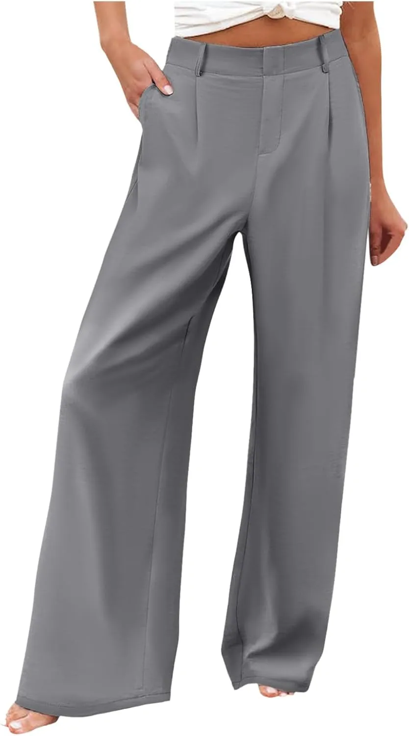 Women's High Waisted Wide Leg Pants Button Business Casual Trousers Straight Baggy Pants Linen Palazzo Pants