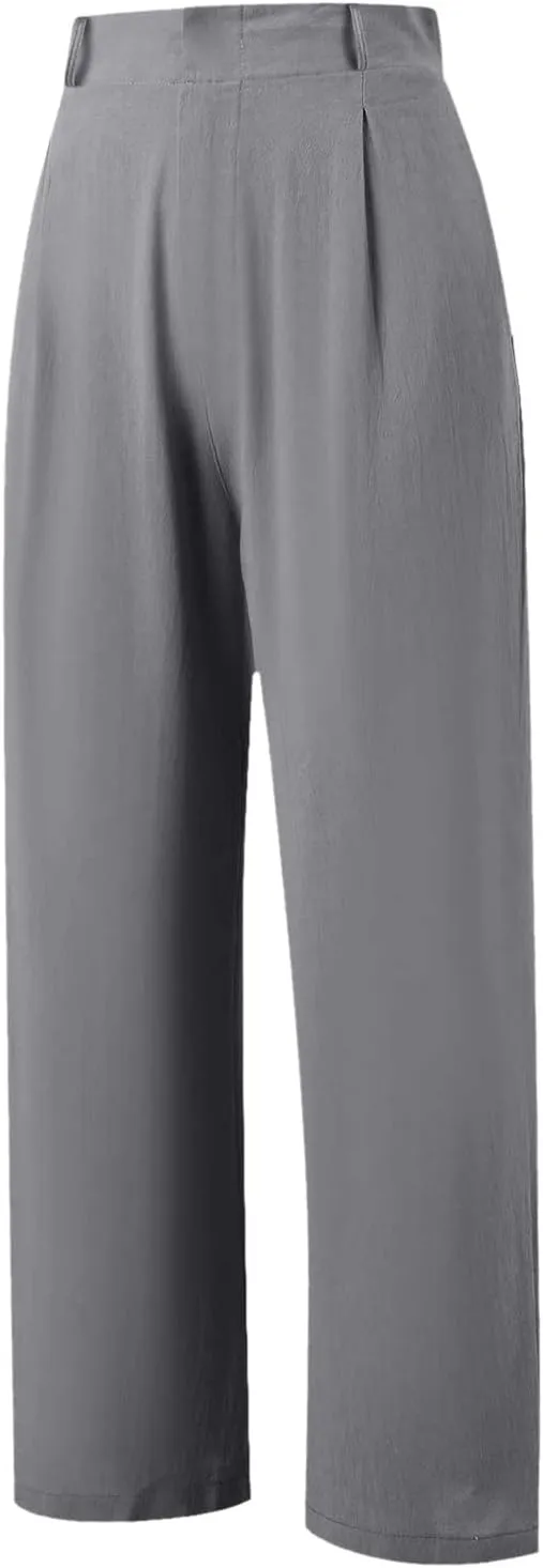 Women's High Waisted Wide Leg Pants Button Business Casual Trousers Straight Baggy Pants Linen Palazzo Pants