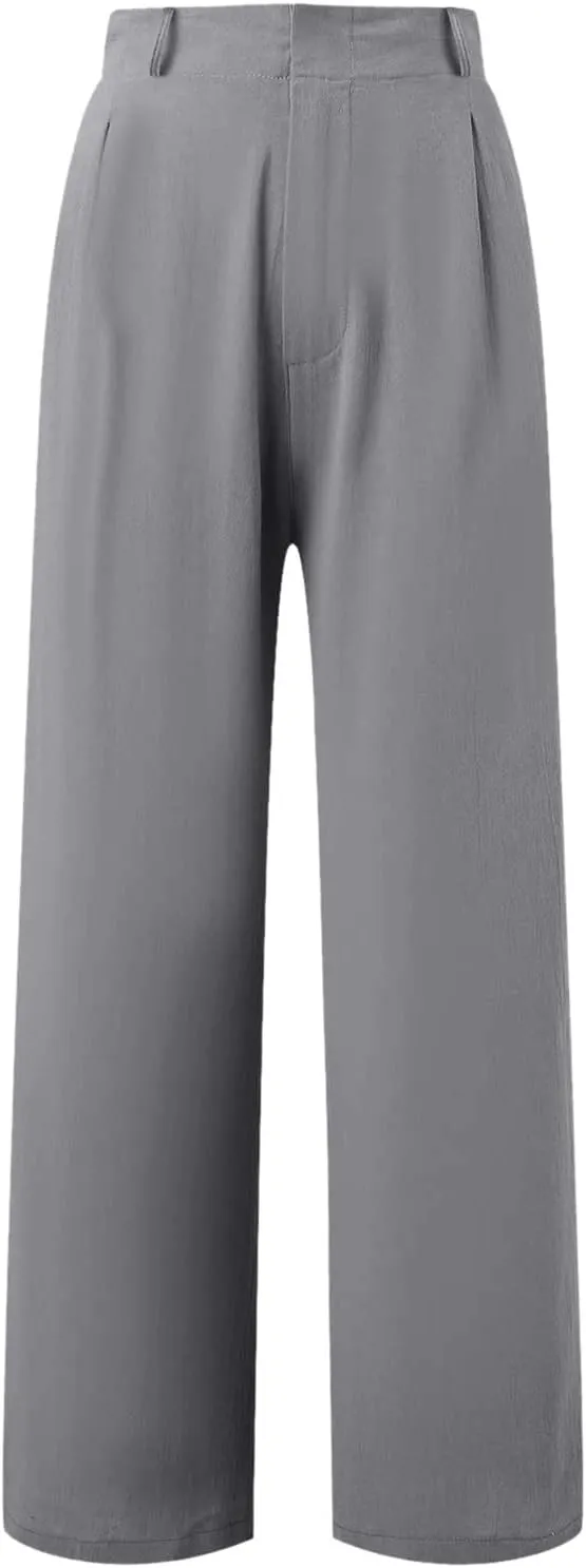 Women's High Waisted Wide Leg Pants Button Business Casual Trousers Straight Baggy Pants Linen Palazzo Pants