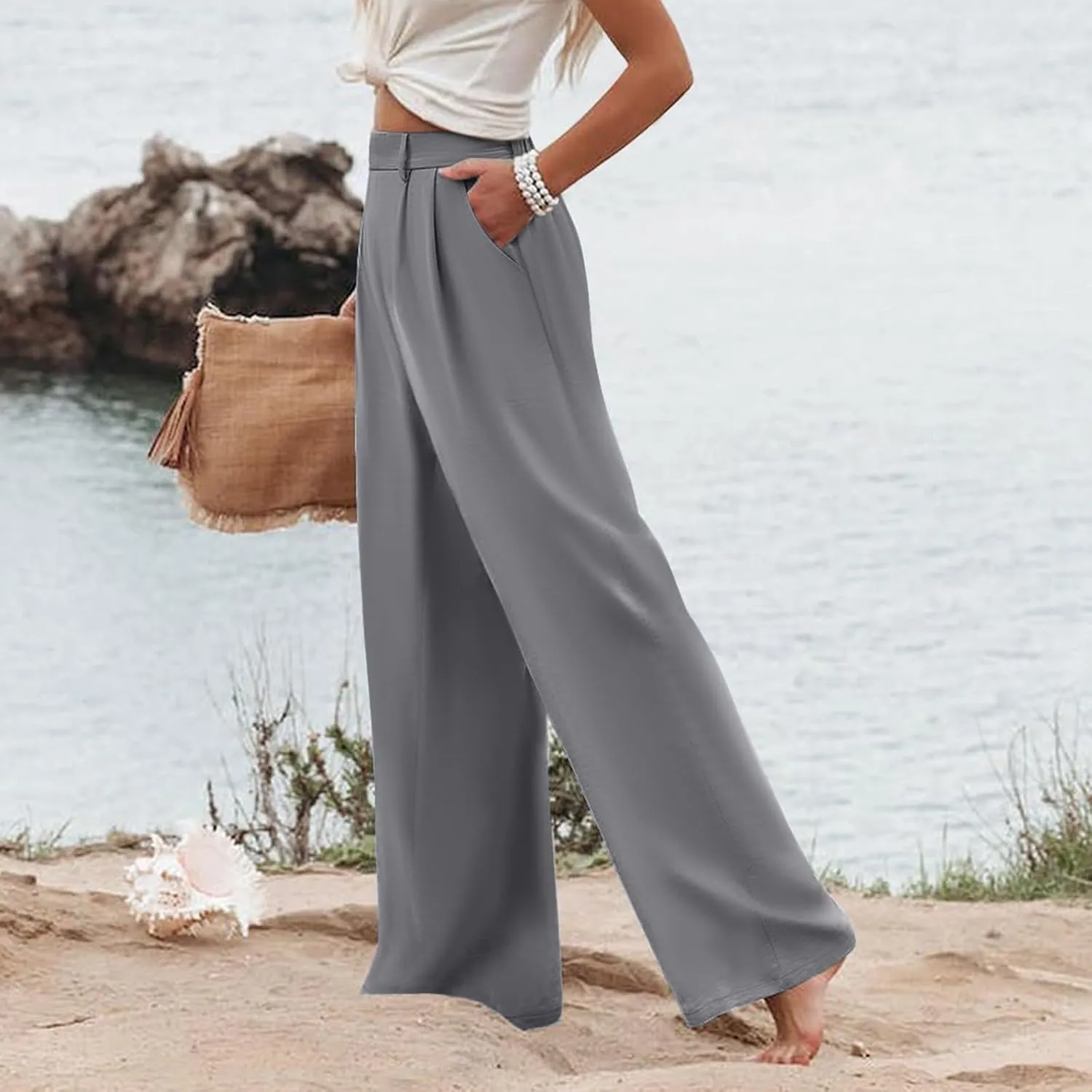 Women's High Waisted Wide Leg Pants Button Business Casual Trousers Straight Baggy Pants Linen Palazzo Pants