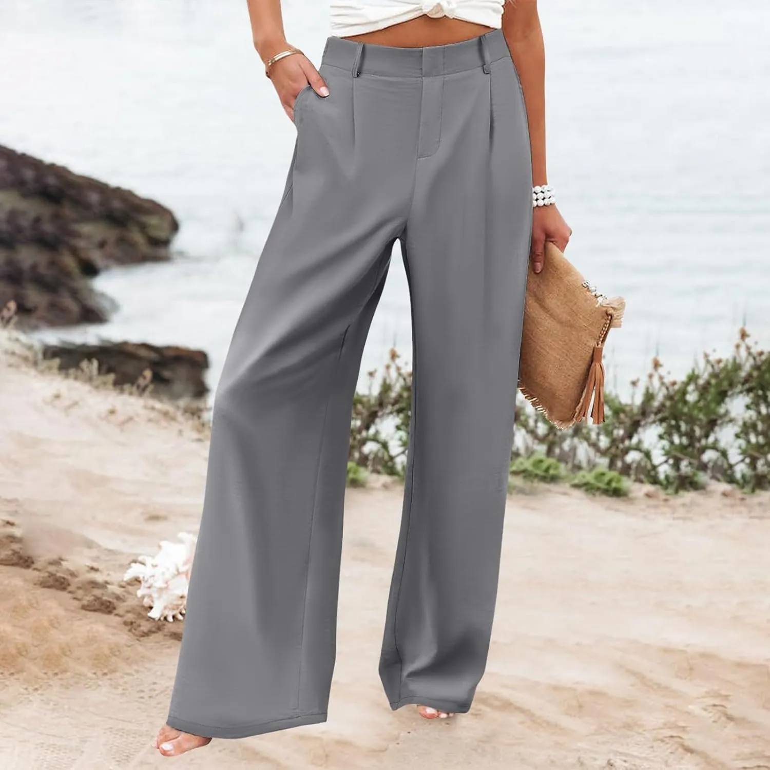Women's High Waisted Wide Leg Pants Button Business Casual Trousers Straight Baggy Pants Linen Palazzo Pants