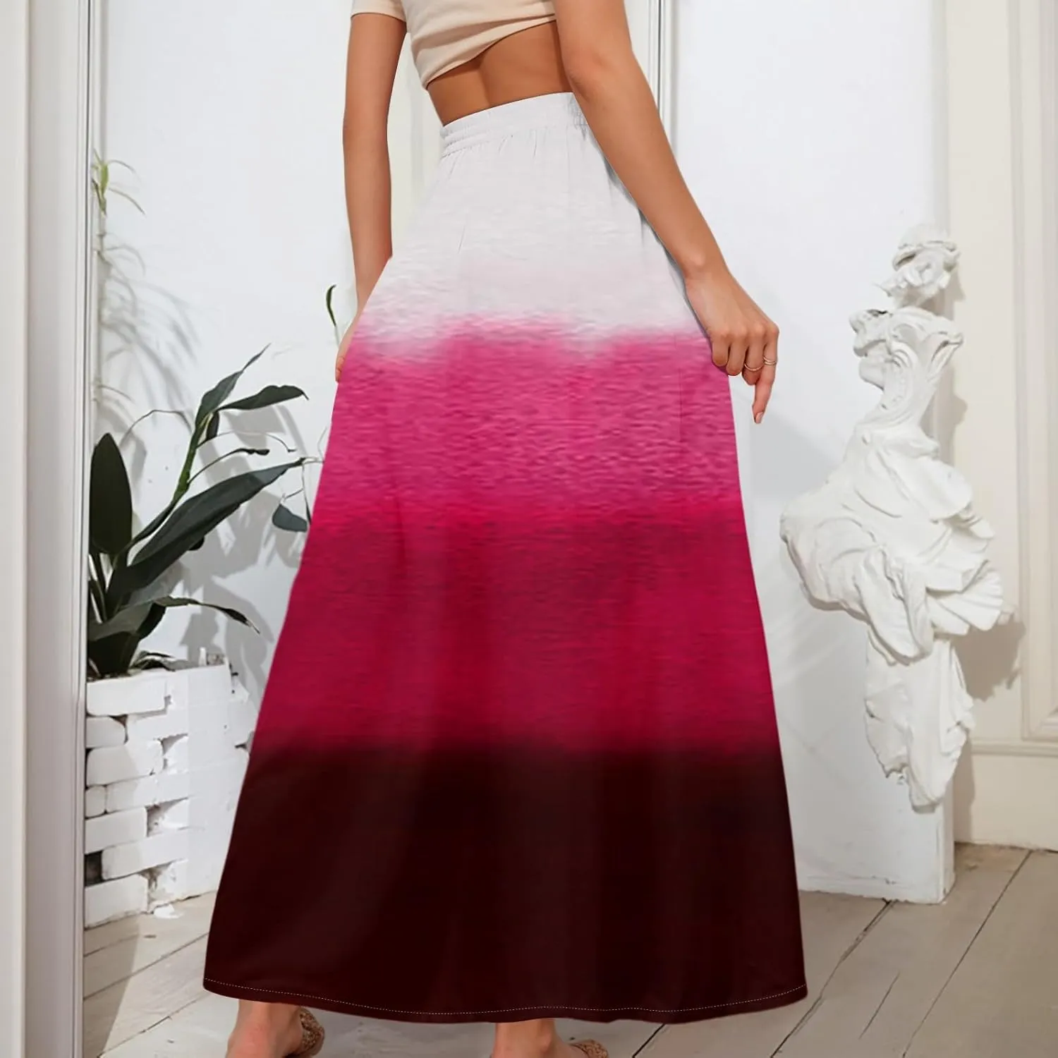 Women's Long Skirts Fall High Waisted Stretchy Vintage Floral Beach Swing Maxi Skirt, S-2XL