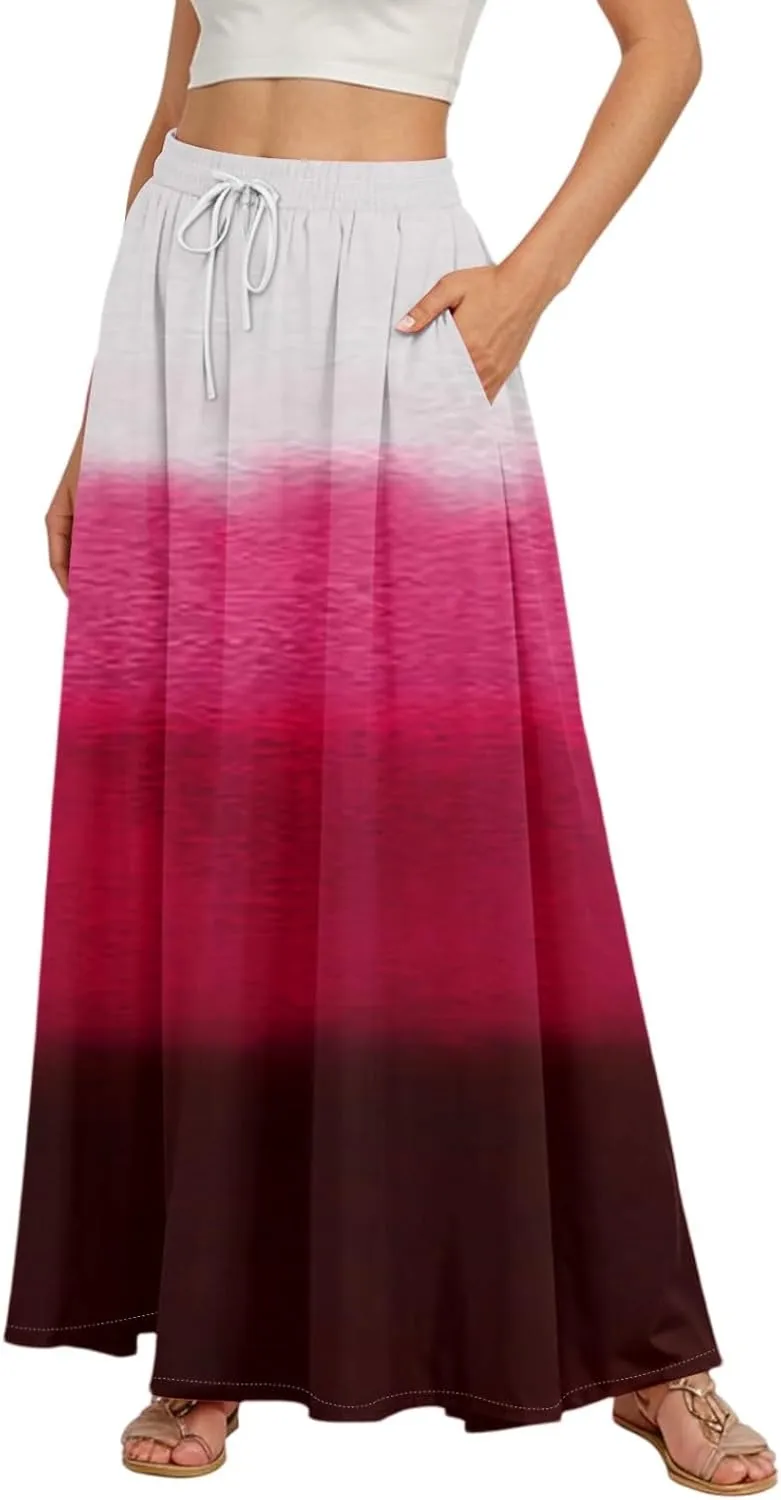 Women's Long Skirts Fall High Waisted Stretchy Vintage Floral Beach Swing Maxi Skirt, S-2XL